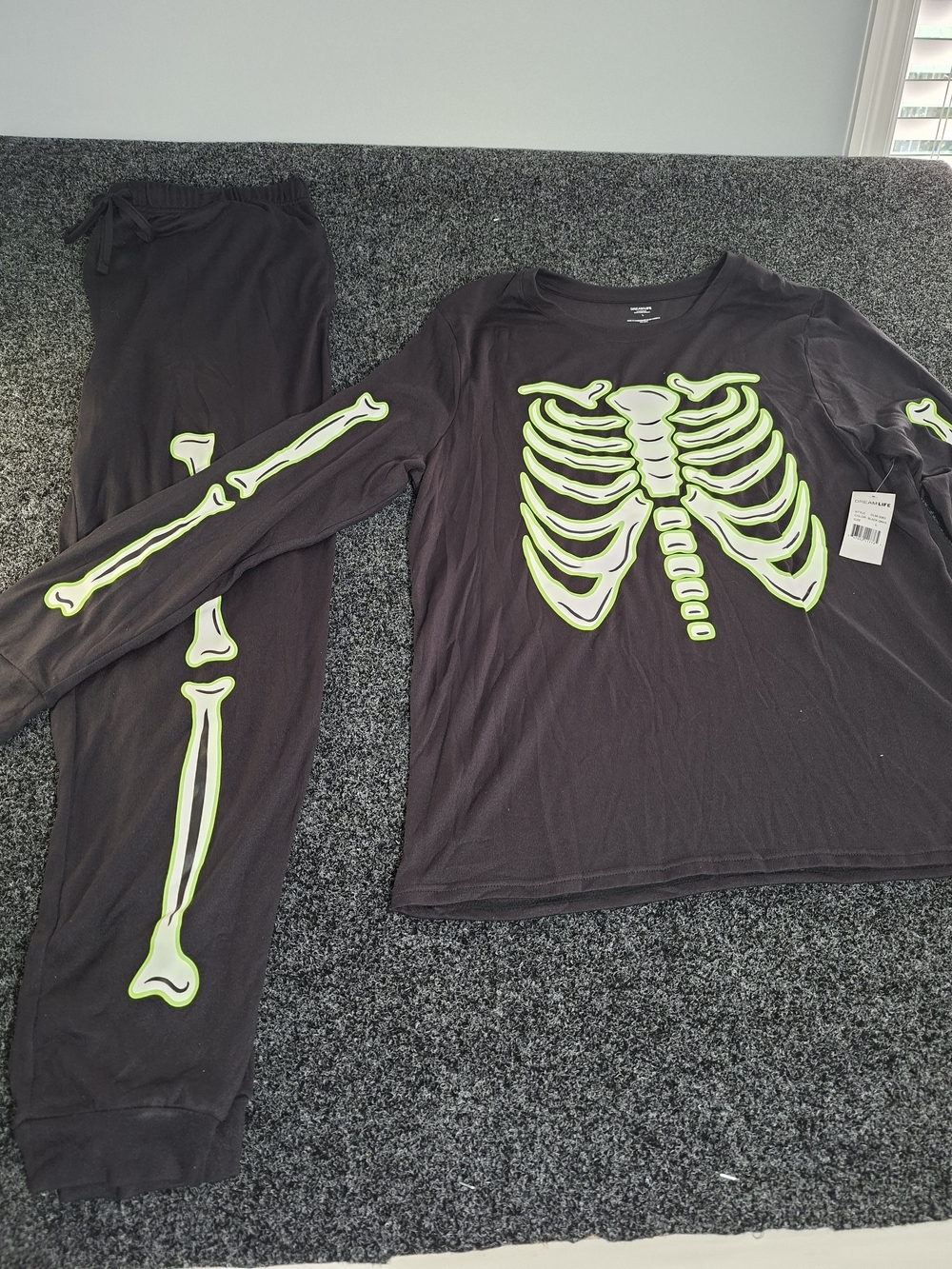 Source Unknown Black Pajama Set with Neon Green Skeleton Print
